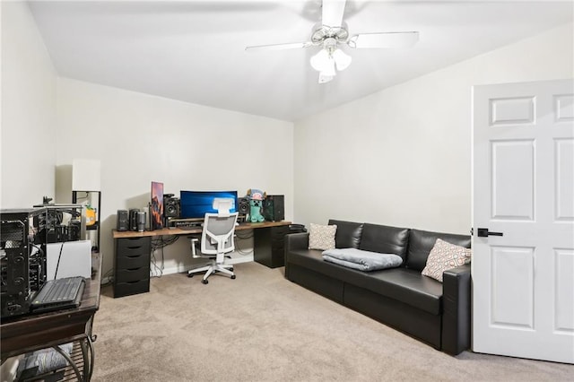 office featuring ceiling fan and light colored carpet