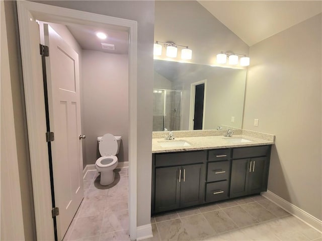 bathroom with toilet, a shower with shower door, lofted ceiling, and vanity