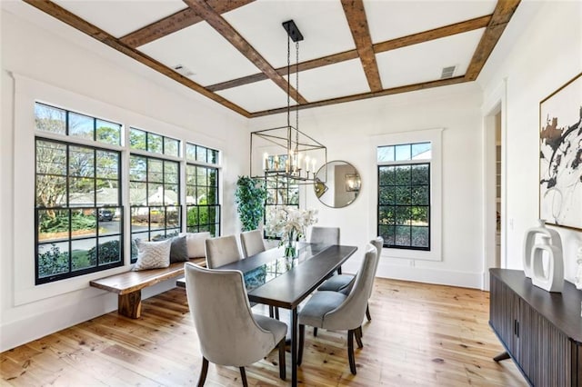 dining area featuring beam ceiling, a chandelier, light wood-type flooring, coffered ceiling, and baseboards