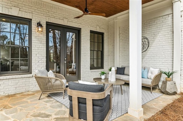 view of patio with a ceiling fan, french doors, and outdoor lounge area