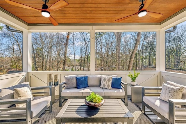 sunroom / solarium featuring wooden ceiling and a ceiling fan