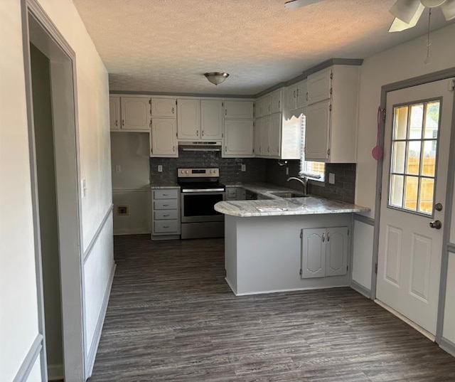161 Honey Creek Rd, Mcdonough, GA 30252 - kitchen featuring electric stove, under cabinet range hood, a sink, a peninsula, and a textured ceiling