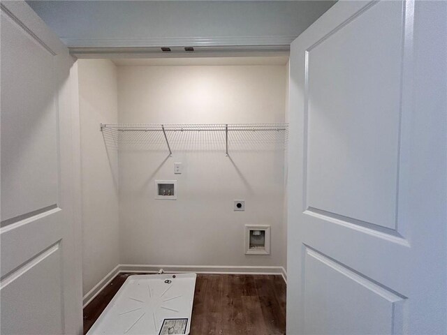 washroom with dark wood-style flooring, washer hookup, laundry area, baseboards, and hookup for an electric dryer