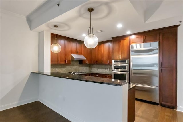 kitchen featuring hanging light fixtures, kitchen peninsula, hardwood / wood-style floors, decorative backsplash, and appliances with stainless steel finishes