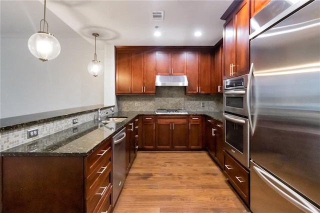 kitchen featuring light wood-type flooring, backsplash, stainless steel appliances, sink, and hanging light fixtures