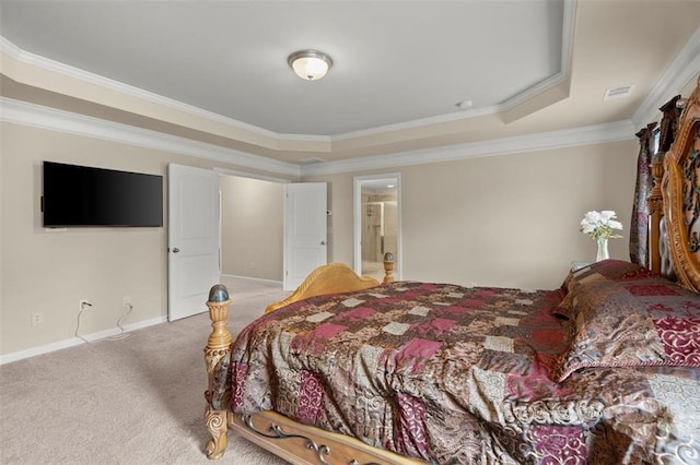 1709 Grove Ct SE, Conyers, GA 30013 - carpeted bedroom featuring a tray ceiling, ornamental molding, and baseboards