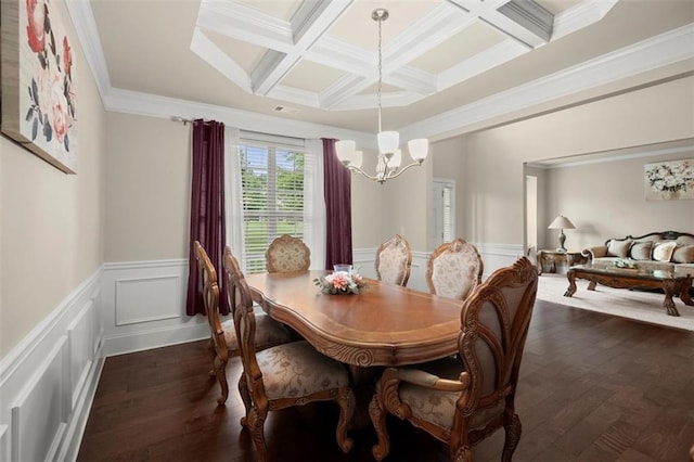 1709 Grove Ct SE, Conyers, GA 30013 - dining area with a chandelier, coffered ceiling, wainscoting, beam ceiling, and ornamental molding
