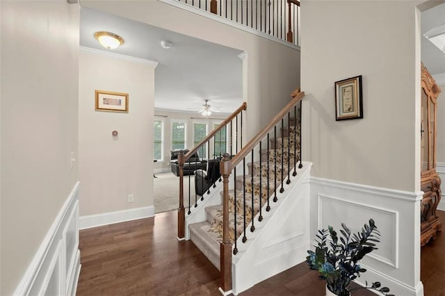 1709 Grove Ct SE, Conyers, GA 30013 - staircase featuring ceiling fan, wood finished floors, ornamental molding, and wainscoting