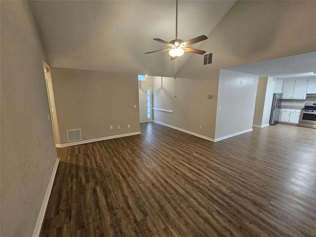 unfurnished living room featuring high vaulted ceiling, dark hardwood / wood-style flooring, and ceiling fan