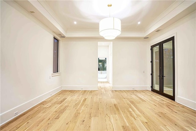 spare room featuring crown molding, light hardwood / wood-style floors, and a raised ceiling