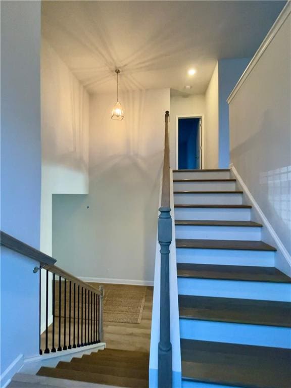 staircase with hardwood / wood-style floors