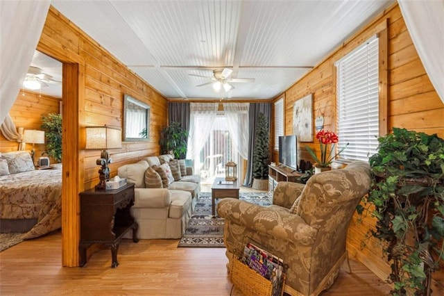 65 Bear Mountain Trl, Cleveland, GA 30528 - interior space featuring wood finished floors, wooden walls, wood ceiling, and ceiling fan
