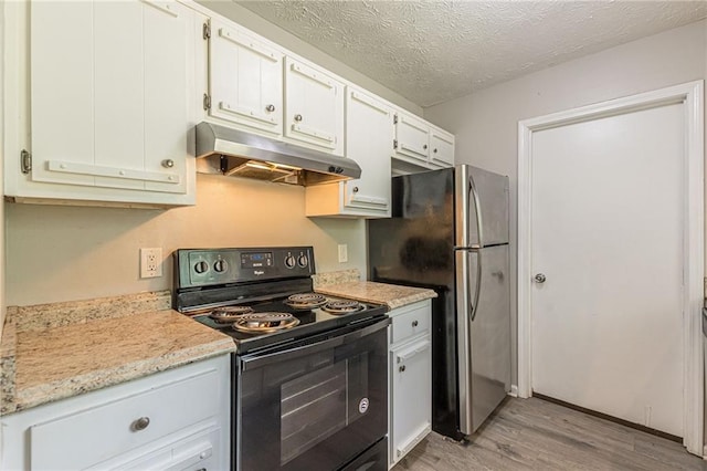 kitchen with a textured ceiling, electric range, light hardwood / wood-style floors, white cabinetry, and stainless steel refrigerator