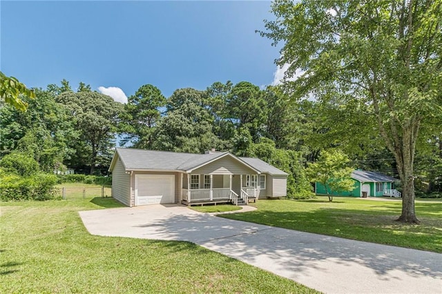 ranch-style house with a front lawn, a porch, and a garage