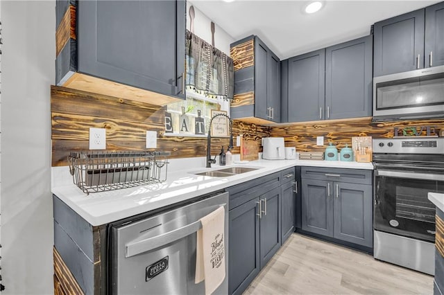 kitchen with stainless steel appliances, sink, backsplash, light hardwood / wood-style flooring, and gray cabinetry