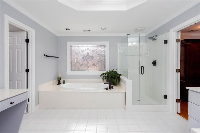 bathroom with a bath, a shower stall, and ornamental molding