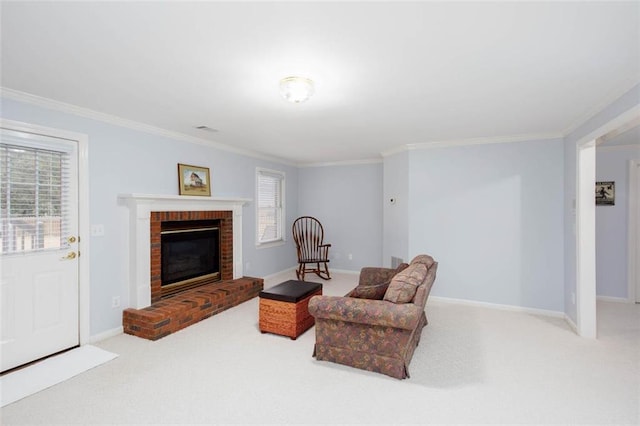 living area featuring baseboards, carpet floors, and ornamental molding