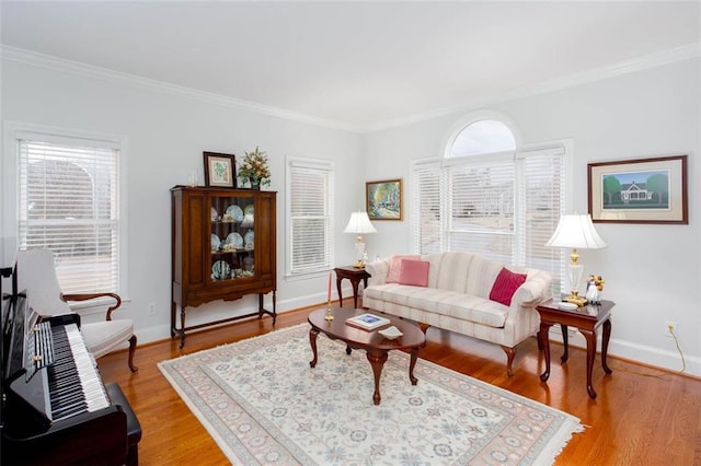 living area with baseboards, crown molding, and light wood-style floors