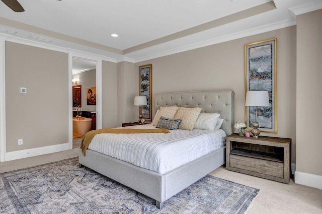 1120 Cordia Ave NW, Atlanta, GA 30318 - carpeted bedroom with ornamental molding, baseboards, recessed lighting, ensuite bath, and a raised ceiling