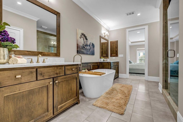 1120 Cordia Ave NW, Atlanta, GA 30318 - full bathroom featuring crown molding, a shower stall, vanity, a soaking tub, and baseboards
