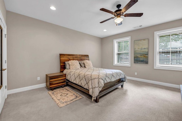 1120 Cordia Ave NW, Atlanta, GA 30318 - bedroom with baseboards, recessed lighting, light colored carpet, and ceiling fan