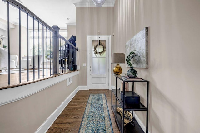 1120 Cordia Ave NW, Atlanta, GA 30318 - foyer entrance with stairway, baseboards, dark wood finished floors, and crown molding