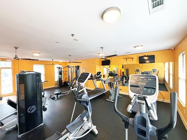 gym featuring ceiling fan