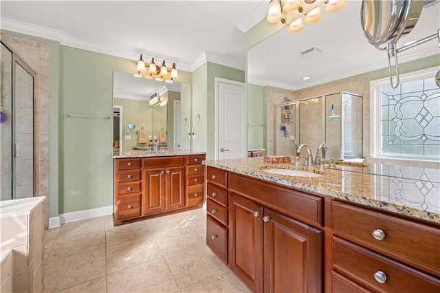 bathroom featuring ornamental molding, tile patterned floors, walk in shower, and vanity