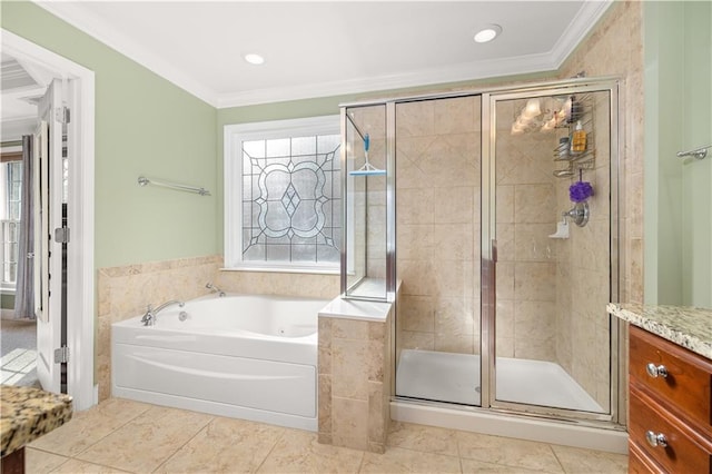 bathroom featuring tile patterned flooring, shower with separate bathtub, ornamental molding, and plenty of natural light