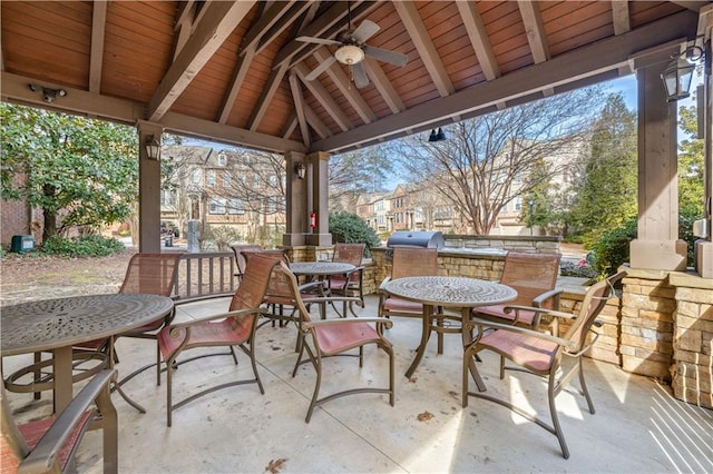 view of patio / terrace featuring ceiling fan, grilling area, area for grilling, and a gazebo