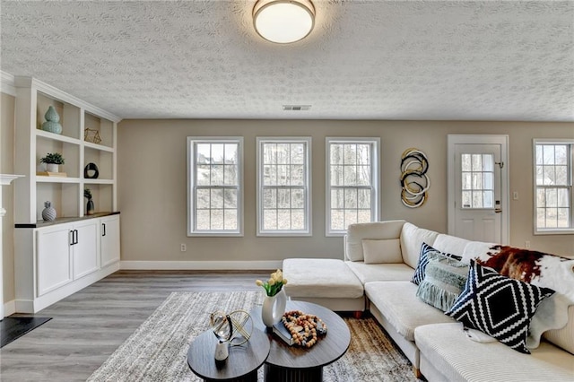 living room with plenty of natural light, a textured ceiling, and light wood-type flooring