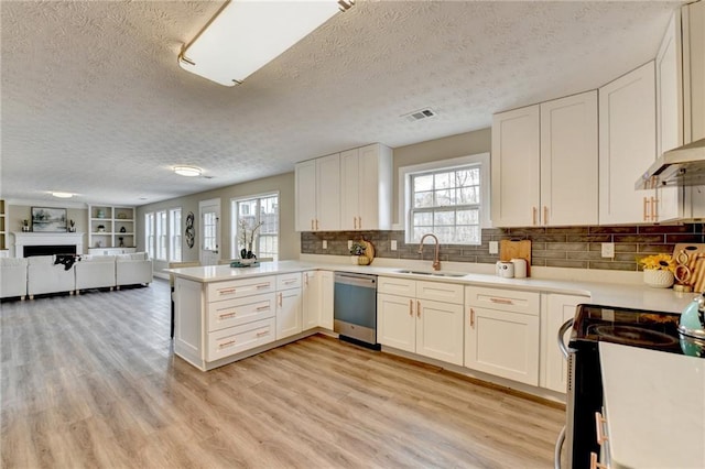 kitchen featuring sink, white cabinetry, light hardwood / wood-style flooring, appliances with stainless steel finishes, and kitchen peninsula