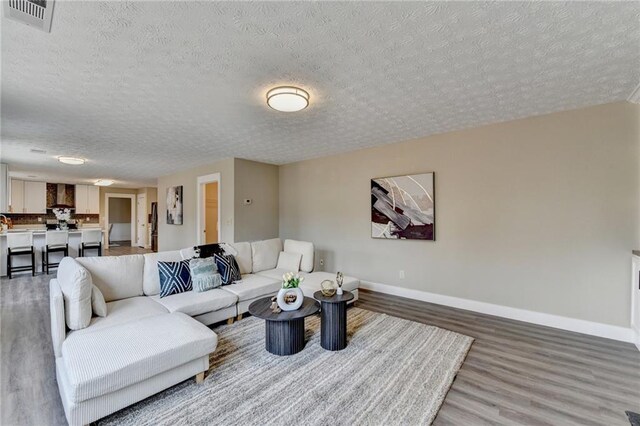 living room featuring hardwood / wood-style flooring and a textured ceiling