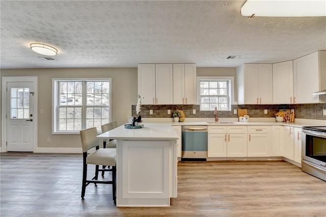 kitchen with backsplash, stainless steel appliances, sink, and white cabinets