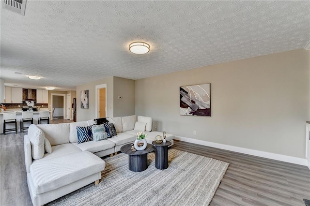 living room featuring wood-type flooring and a textured ceiling