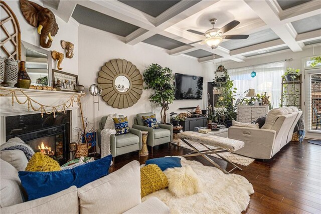 living room featuring a premium fireplace, a ceiling fan, beamed ceiling, hardwood / wood-style flooring, and coffered ceiling