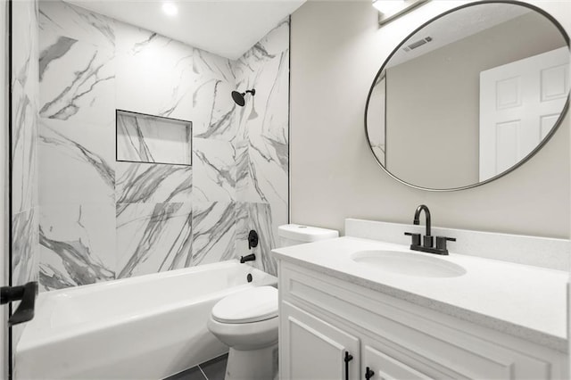 bathroom with visible vents, toilet, bathtub / shower combination, and vanity