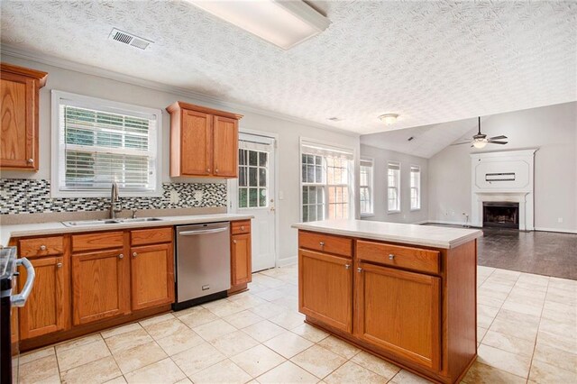 kitchen featuring ceiling fan, plenty of natural light, stainless steel appliances, and sink