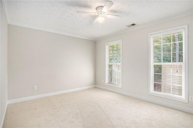 spare room featuring ornamental molding, a textured ceiling, ceiling fan, and carpet floors