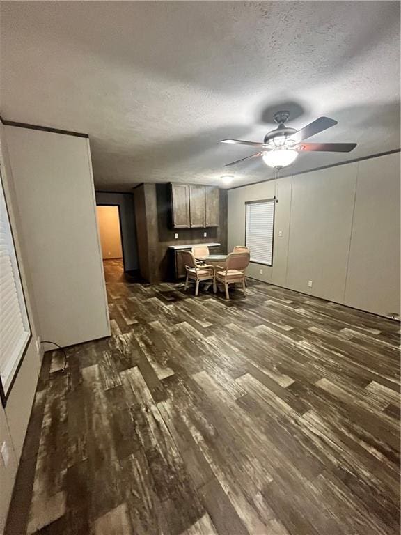 interior space featuring a textured ceiling, ceiling fan, and dark hardwood / wood-style floors