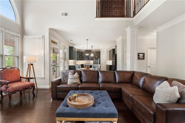 416 Battlefield Creek Dr, Marietta, GA 30064 - living area featuring a towering ceiling, ornamental molding, healthy amount of natural light, and dark wood-style flooring
