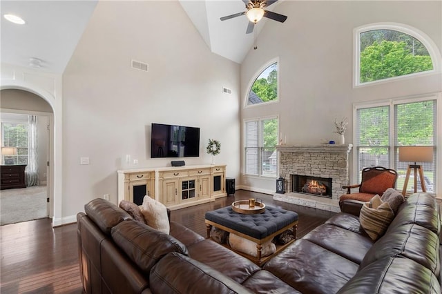 416 Battlefield Creek Dr, Marietta, GA 30064 - living area with a ceiling fan, dark wood-style floors, high vaulted ceiling, a fireplace, and plenty of natural light
