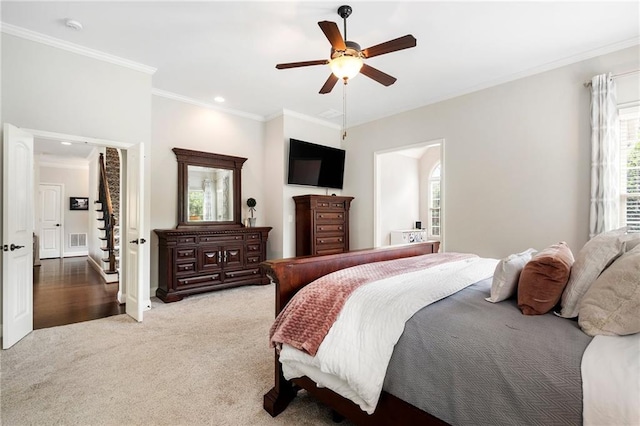 416 Battlefield Creek Dr, Marietta, GA 30064 - bedroom featuring ornamental molding, light colored carpet, recessed lighting, and ceiling fan
