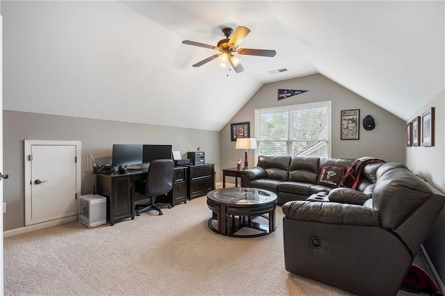 416 Battlefield Creek Dr, Marietta, GA 30064 - living area with lofted ceiling, an office area, a ceiling fan, and carpet