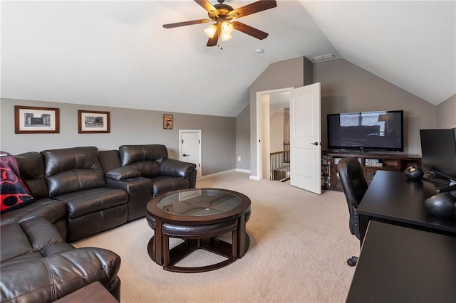 416 Battlefield Creek Dr, Marietta, GA 30064 - living area featuring light carpet, ceiling fan, and vaulted ceiling