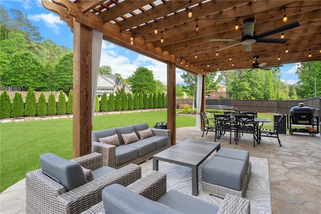 416 Battlefield Creek Dr, Marietta, GA 30064 - fenced backyard with outdoor dining space, area for grilling, outdoor lounge area, ceiling fan, and a pergola