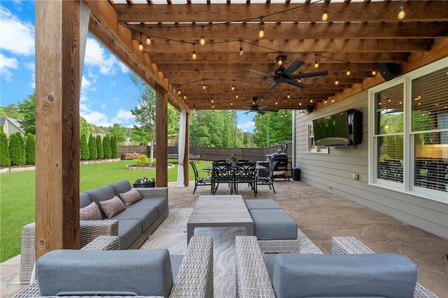 416 Battlefield Creek Dr, Marietta, GA 30064 - fenced backyard with an outdoor living space, outdoor dining space, a ceiling fan, a patio, and a pergola