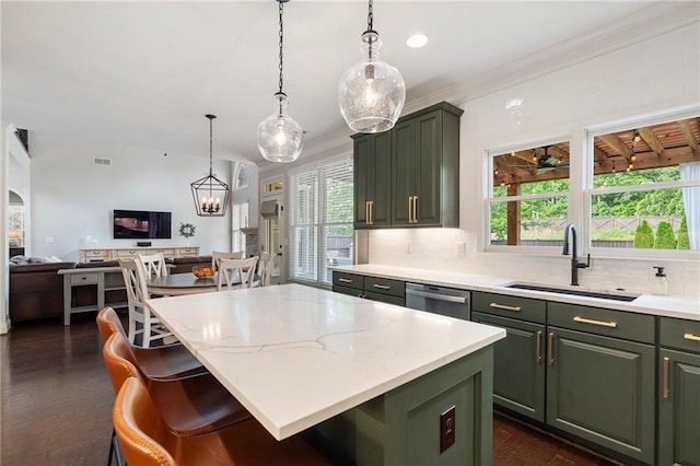 416 Battlefield Creek Dr, Marietta, GA 30064 - kitchen featuring green cabinets, dishwasher, healthy amount of natural light, open floor plan, and ornamental molding