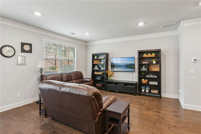 living room featuring crown molding and dark hardwood / wood-style flooring