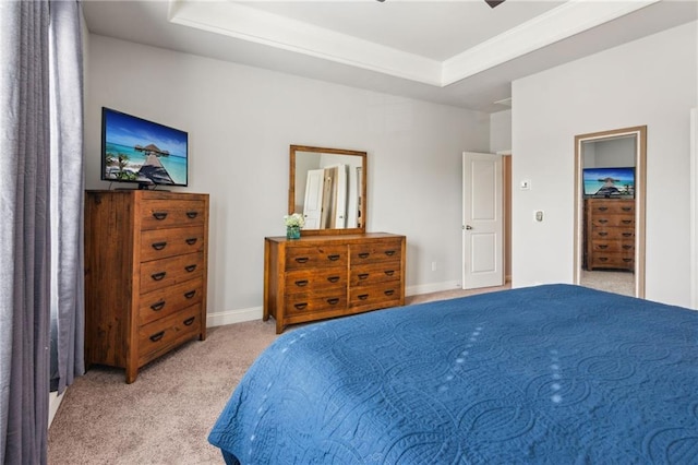 bedroom featuring a raised ceiling and light colored carpet